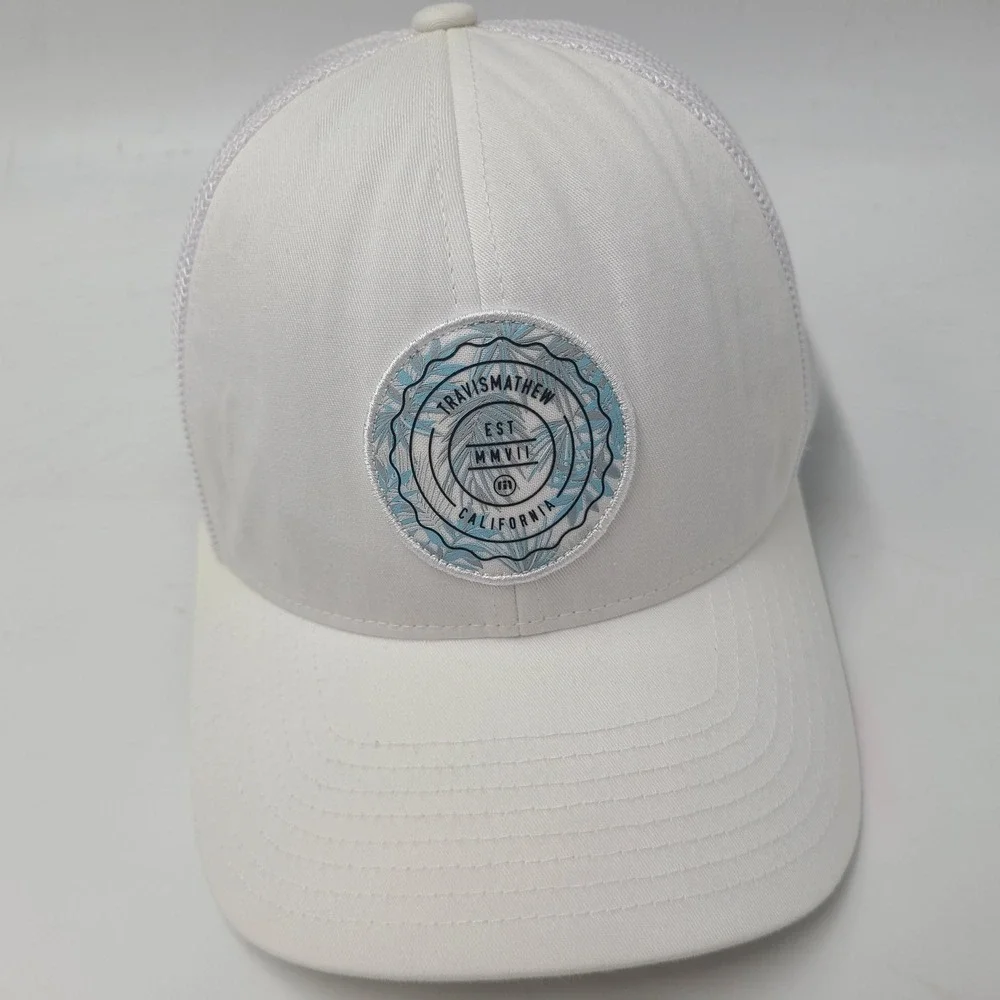 Travis Mathew Hat Snapback Trucker Mesh White Blue California Golf Palm Tree Men